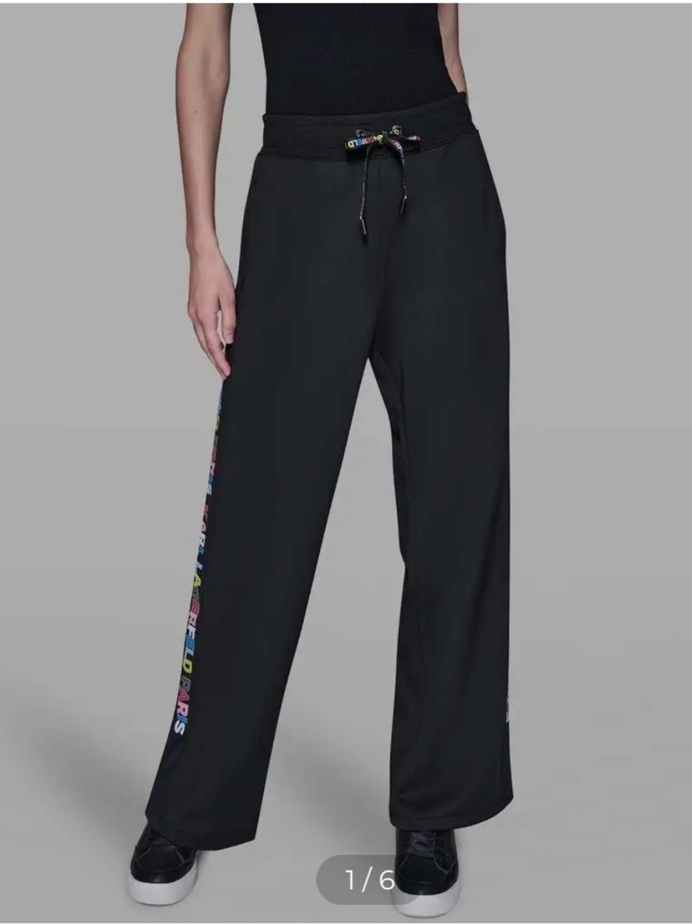 Karl Lagerfeld Black Wide-Leg Pants with Multicolor Side Logo Tape